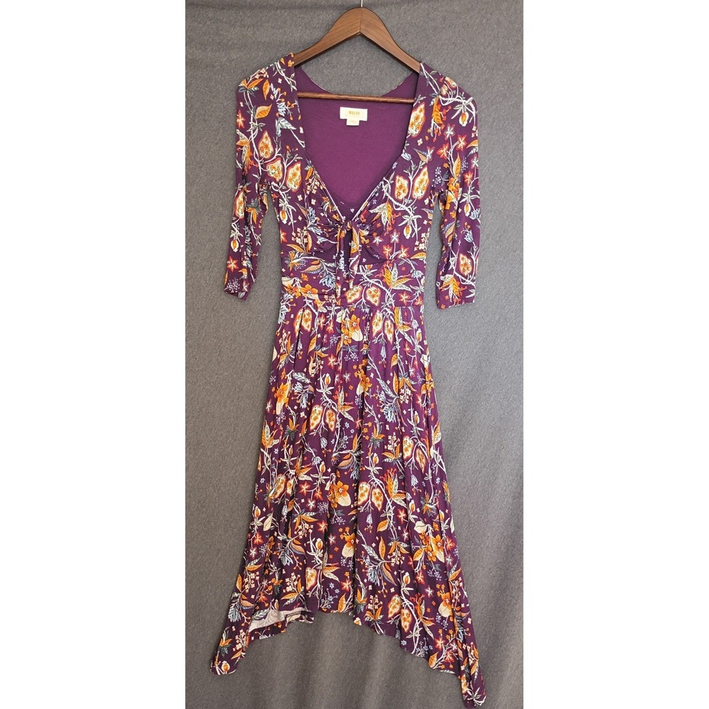 Maeve Anthropologie Purple Floral Tie Front Asymmetrical Hem Dress XS 3/4 Sleeve